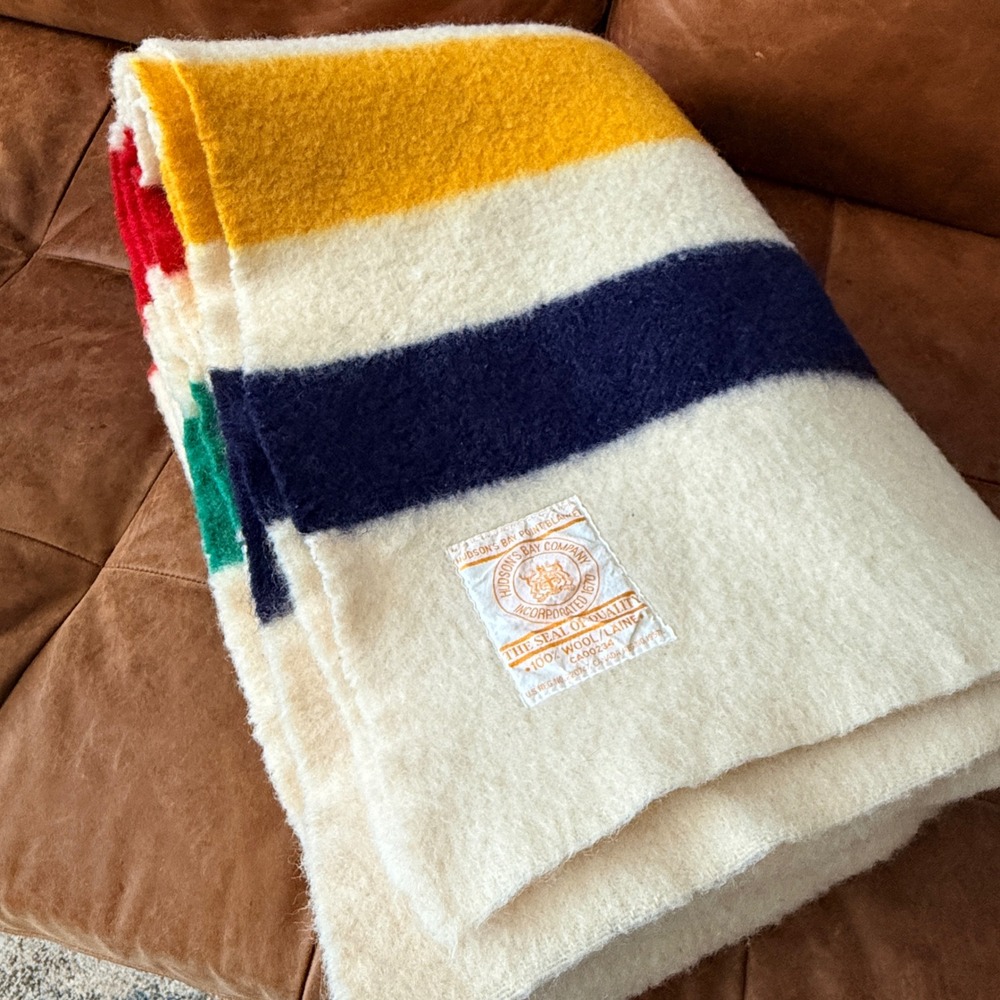 Vintage Hudson's Bay 3.5 Point Wool Blanket Multistripe Gold Label 1970s